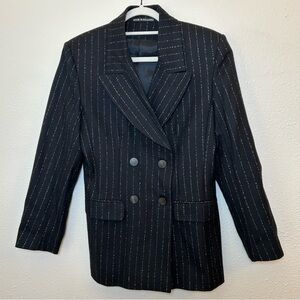 Double Breasted Wool Blazer Black White Pin Stripe Size 44 Old Money Office Chic
